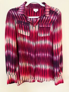 Parker Fuchsia Multicolor Stripe Button Front Long Sleeve Silk Blouse Size M